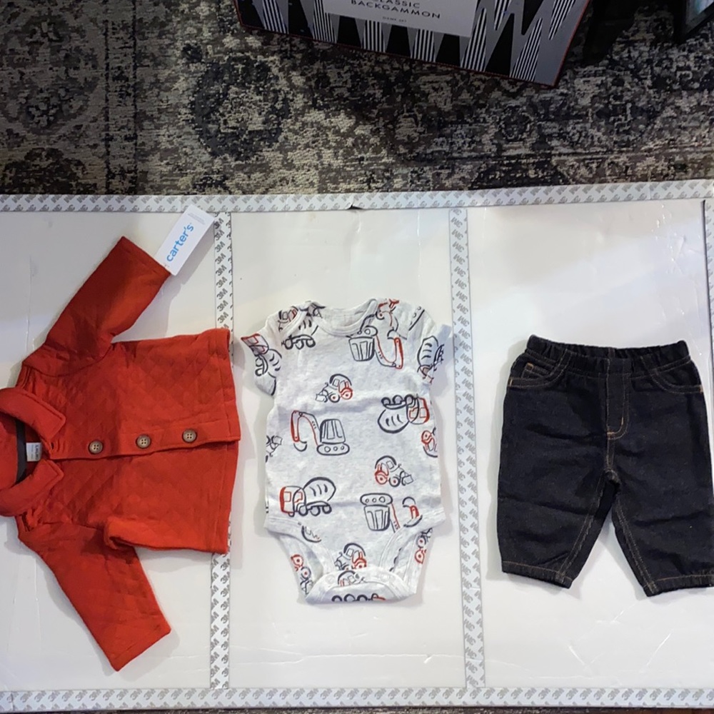 3-Piece Rust Quilted Jacket with Bodysuit and Cotton Blue Jeans, Sz 3 Months NEW